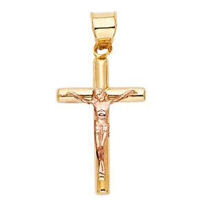 14k REAL Yellow Gold Rose Jesus Cross Pendant Crucifix